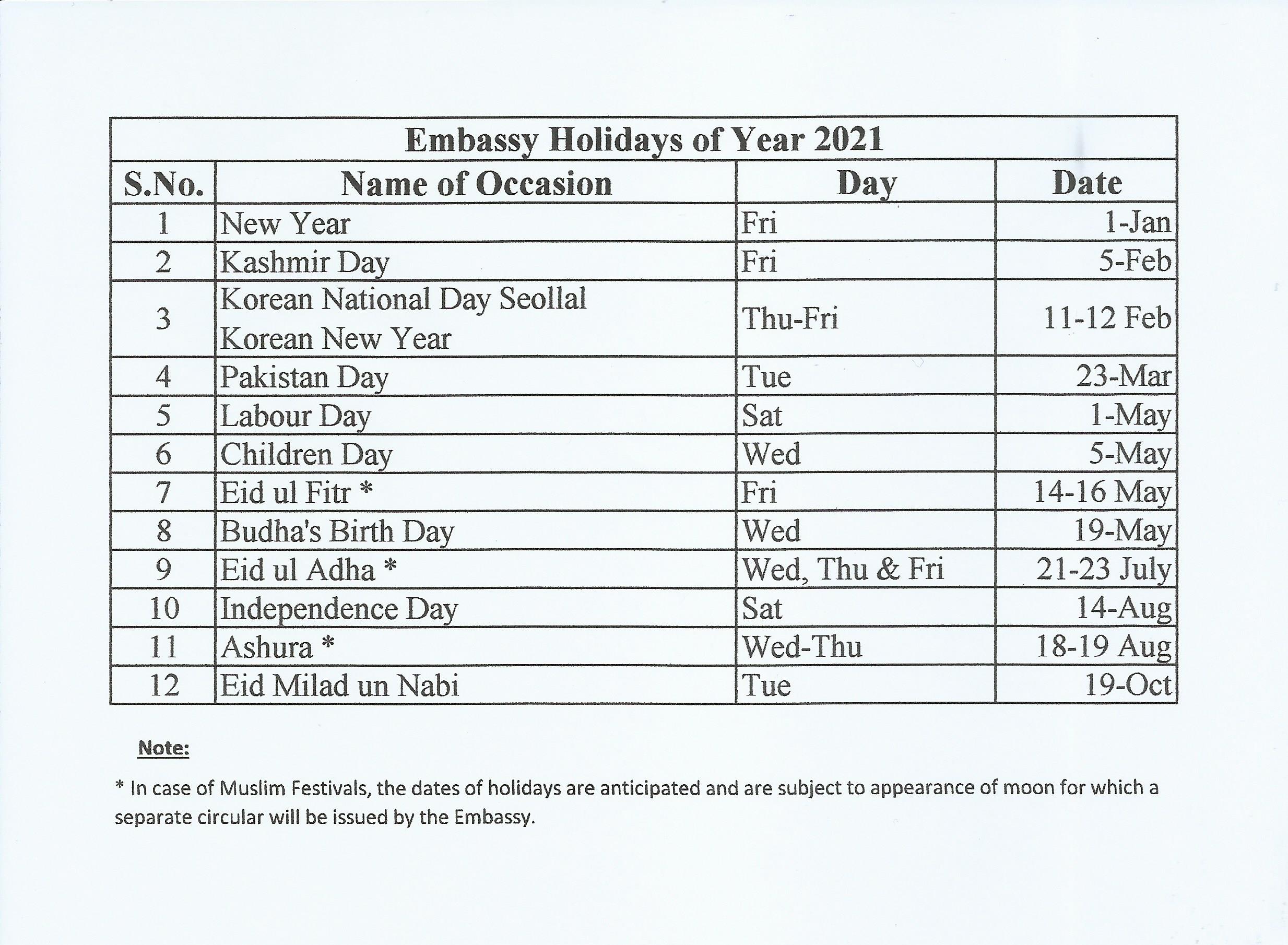 List Of Holidays During The Year | Embassy Of Pakistan, Republic Of Korea